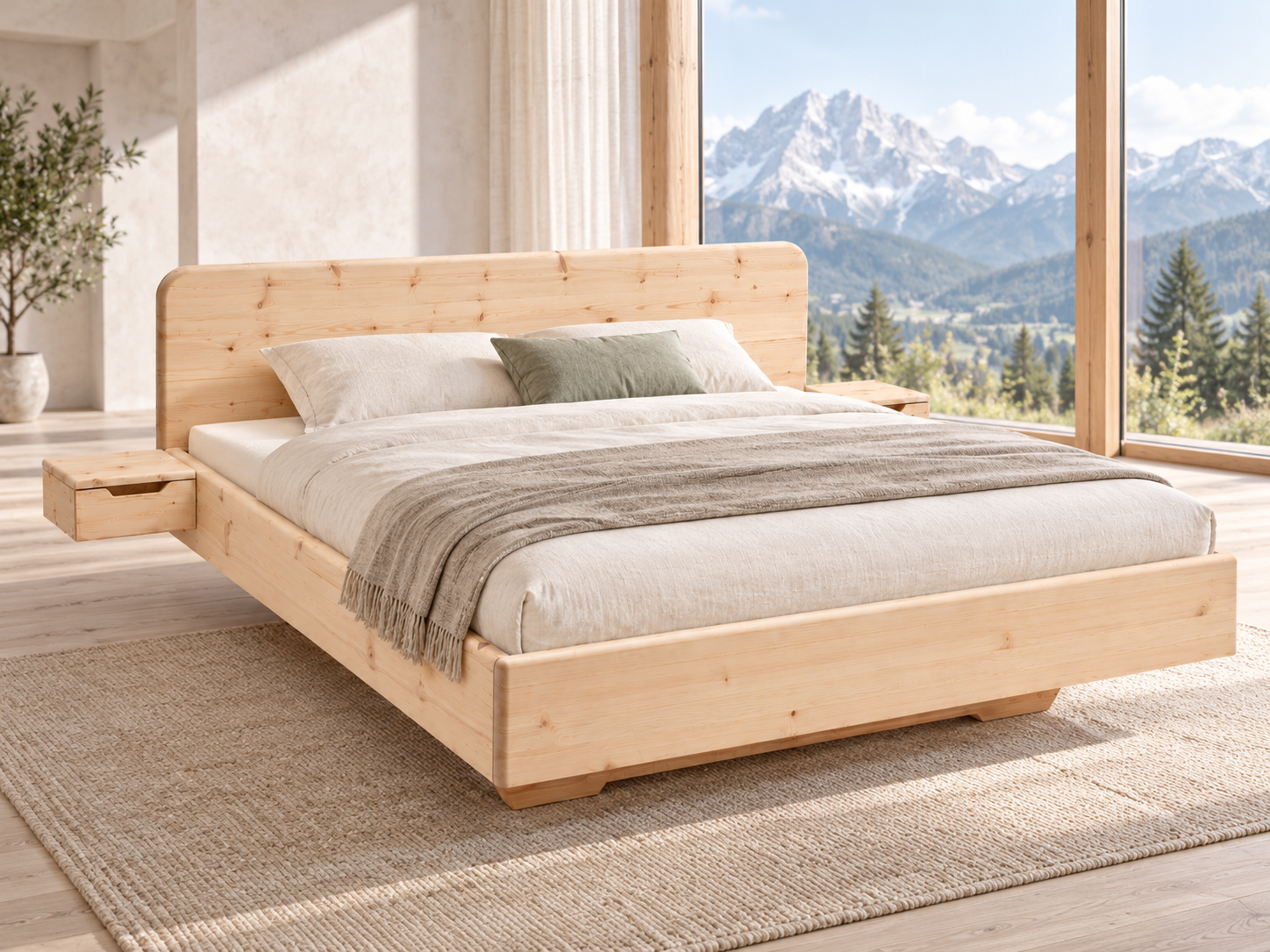 Zirbenholzschwebebett Innsbruck mit_Anstecktischen_Seitenansicht 