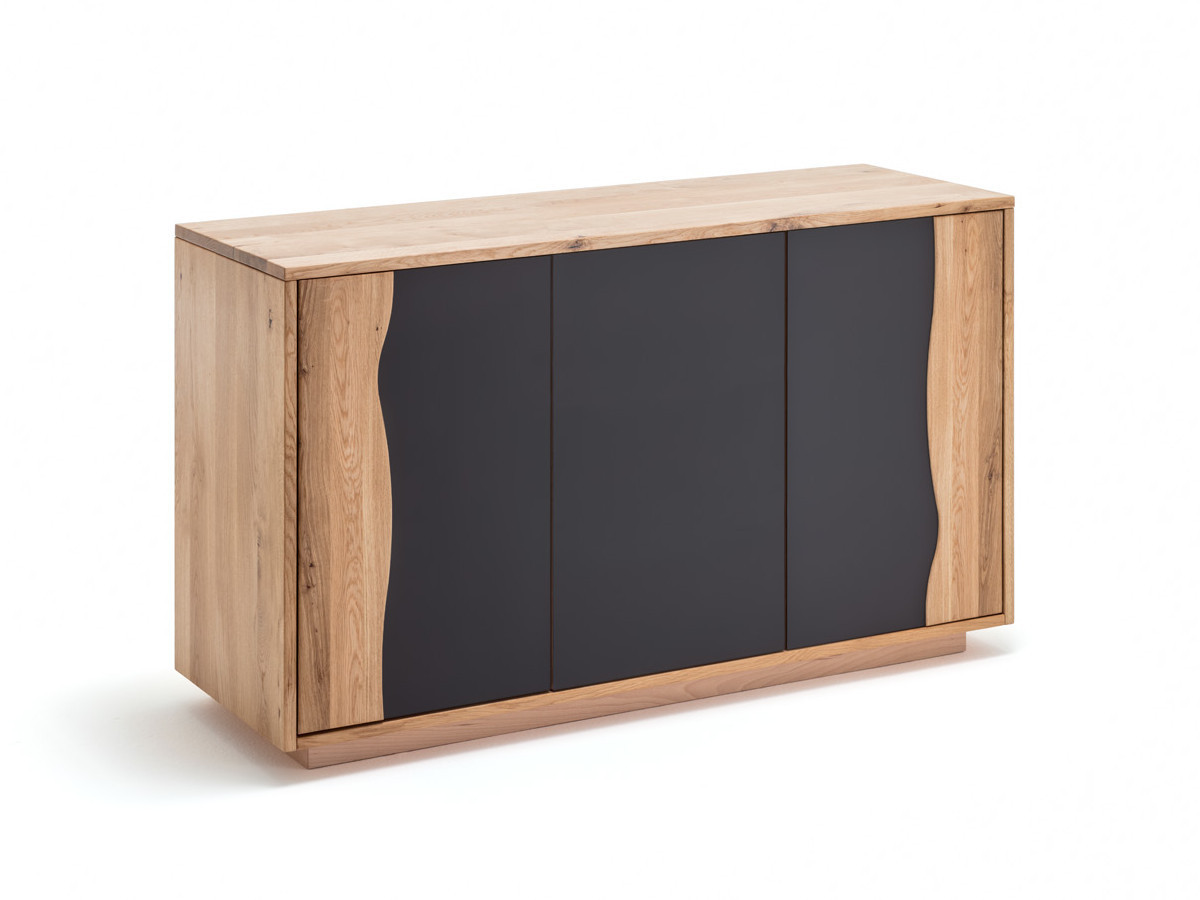 Eiche Kommode Montreux, 3-türig, mit "touch-to-open" Türöffnung, inkl. 2 Einlegeböden, Außenmaße 128x75x45cm (Breite x Höhe x Tiefe), auf Wunsch andere Glasfarbtöne lieferbar, 1