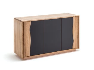 Eiche Kommode Montreux, 3-türig, mit "touch-to-open" Türöffnung, inkl. 2 Einlegeböden, Außenmaße 128x75x45cm (Breite x Höhe x Tiefe), auf Wunsch andere Glasfarbtöne lieferbar, 1
